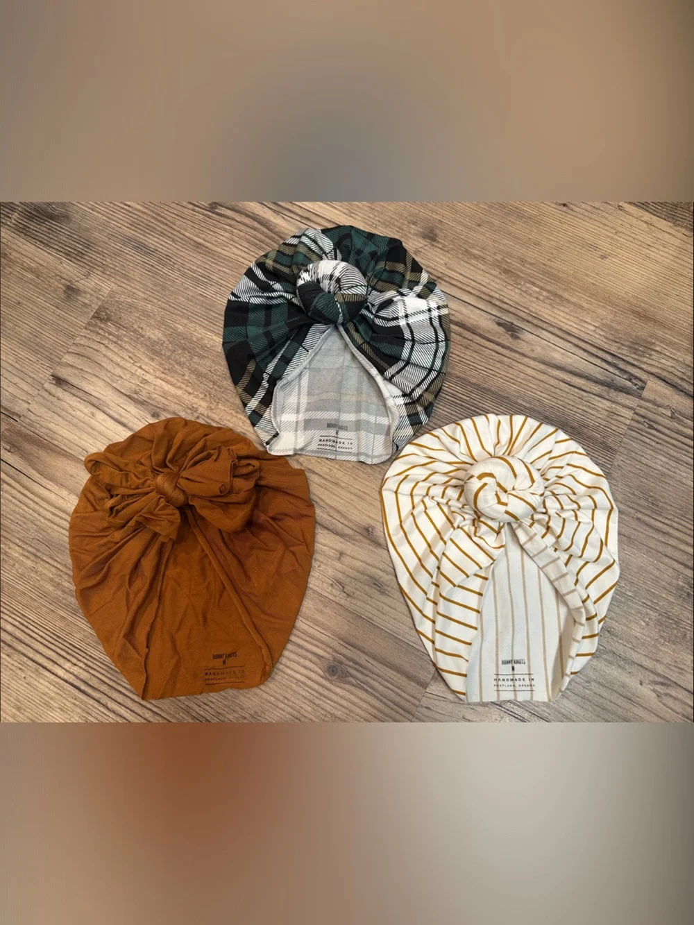 BUNNY KNOTS Turban Hat Trio - Rust, Cream Stripe & Green Plaid